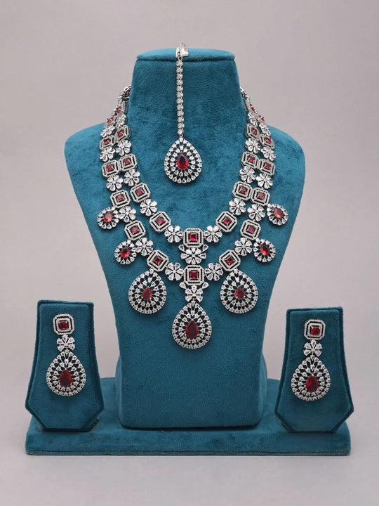 Pink Floral Teardrop American Diamond Bridal Necklace Set