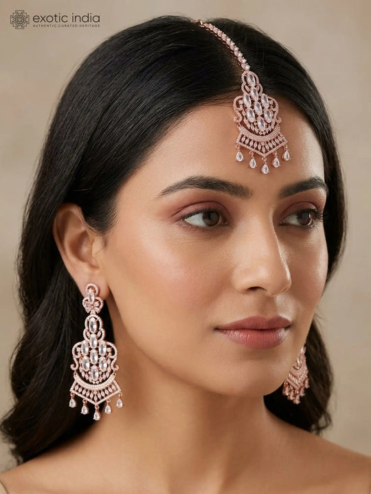 Peach Zircon Drop Earrings and Maang Tikka Set in Brass