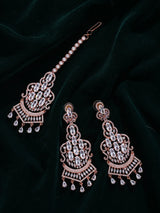 Peach Zircon Drop Earrings and Maang Tikka Set in Brass