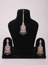 Peach Zircon Drop Earrings and Maang Tikka Set in Brass