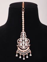 Peach Zircon Drop Earrings and Maang Tikka Set in Brass