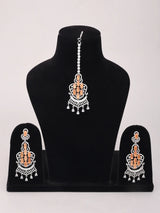 Peach Zircon Drop Earrings and Maang Tikka Set in Brass