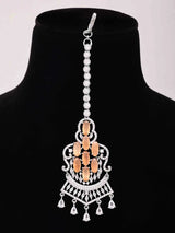 Peach Zircon Drop Earrings and Maang Tikka Set in Brass