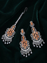 Peach Zircon Drop Earrings and Maang Tikka Set in Brass