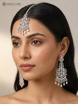 Peach Zircon Drop Earrings and Maang Tikka Set in Brass