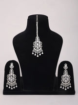 Peach Zircon Drop Earrings and Maang Tikka Set in Brass