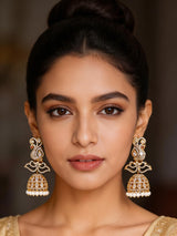Peacock Stone Studded Brass Jhumka Earrings with Pearl Drops