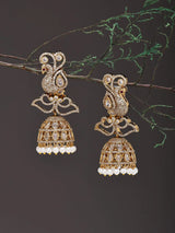 Peacock Stone Studded Brass Jhumka Earrings with Pearl Drops