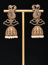Peacock Stone Studded Brass Jhumka Earrings with Pearl Drops