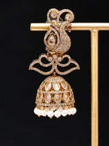 Peacock Stone Studded Brass Jhumka Earrings with Pearl Drops