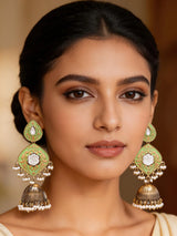 Green Meenakari Brass Jhumka Earrings with Pearl Drops