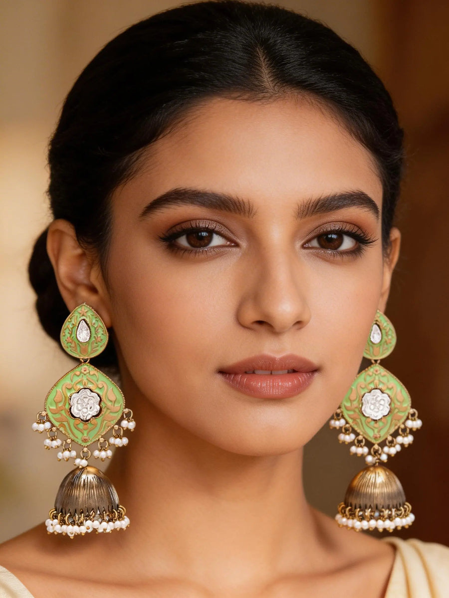 Green Meenakari Brass Jhumka Earrings with Pearl Drops
