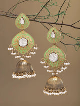 Green Meenakari Brass Jhumka Earrings with Pearl Drops