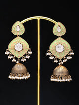 Green Meenakari Brass Jhumka Earrings with Pearl Drops
