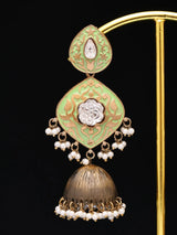 Green Meenakari Brass Jhumka Earrings with Pearl Drops
