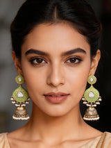 Green Meenakari Brass Jhumka Earrings with Pearl Drops