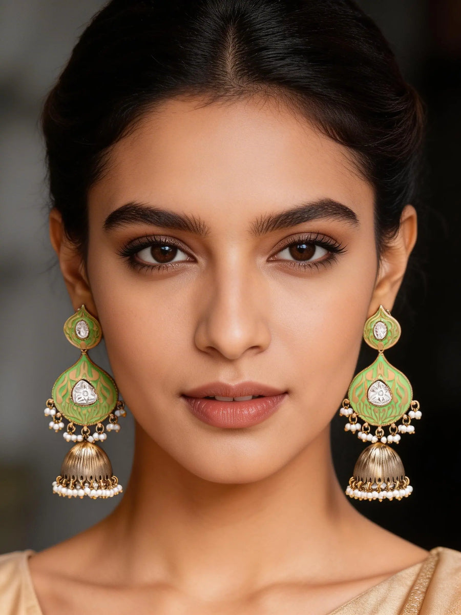 Green Meenakari Brass Jhumka Earrings with Pearl Drops