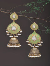 Green Meenakari Brass Jhumka Earrings with Pearl Drops