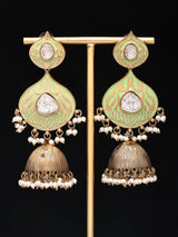 Green Meenakari Brass Jhumka Earrings with Pearl Drops
