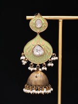 Green Meenakari Brass Jhumka Earrings with Pearl Drops