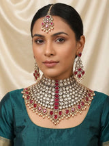 Crimson Teardrop Kundan Choker Necklace Set with Maang Tikka