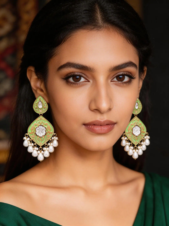 Meenakari Teardrop Earrings With Pearl Drop in Brass