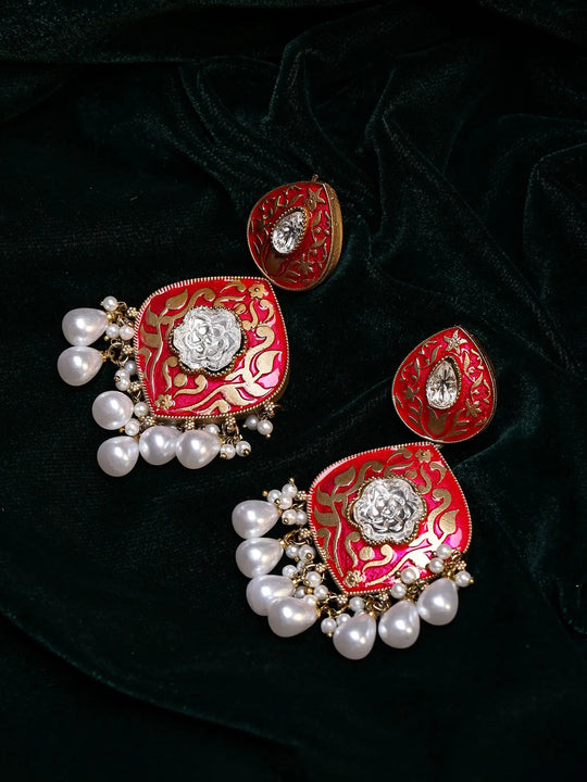 Meenakari Teardrop Earrings With Pearl Drop in Brass