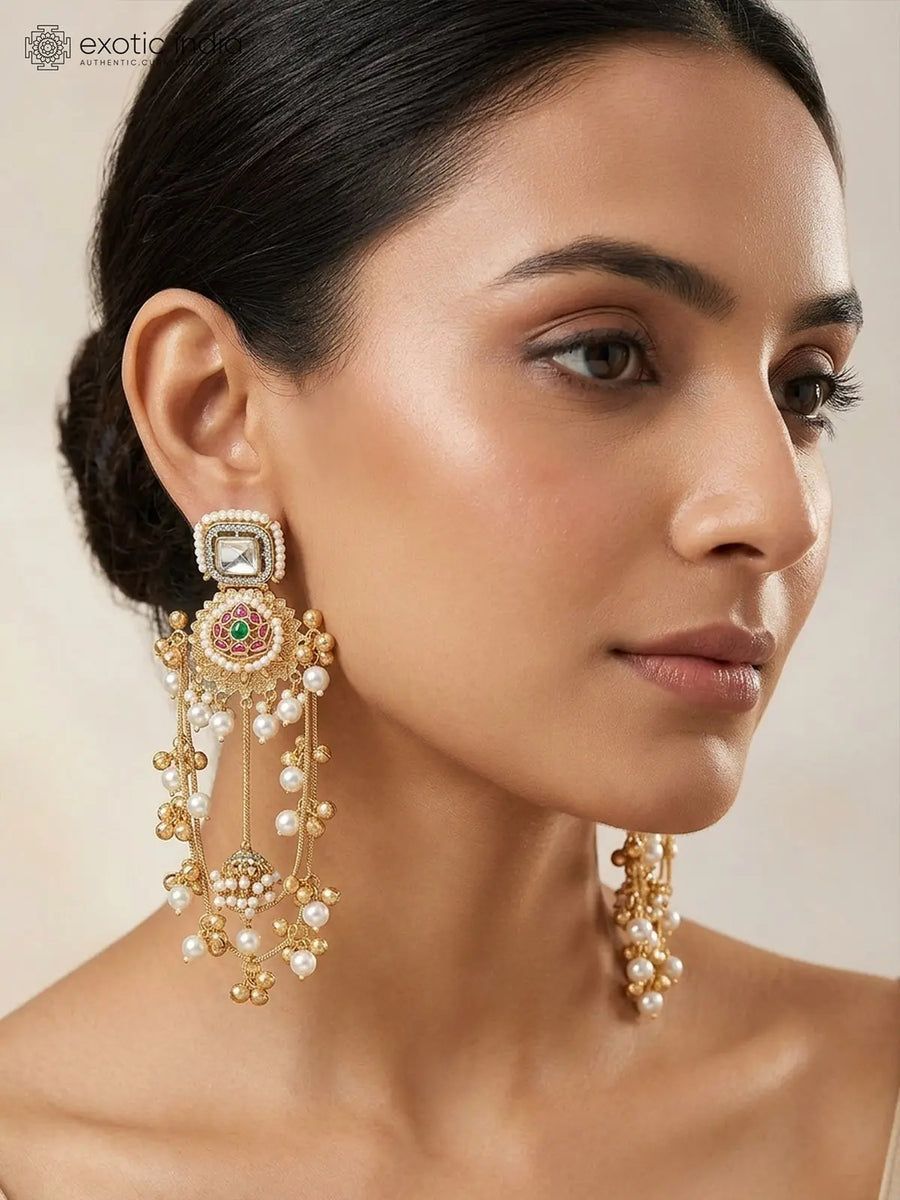 Kundan Pearl and Ghungroo Drop Kashmiri Brass Earrings