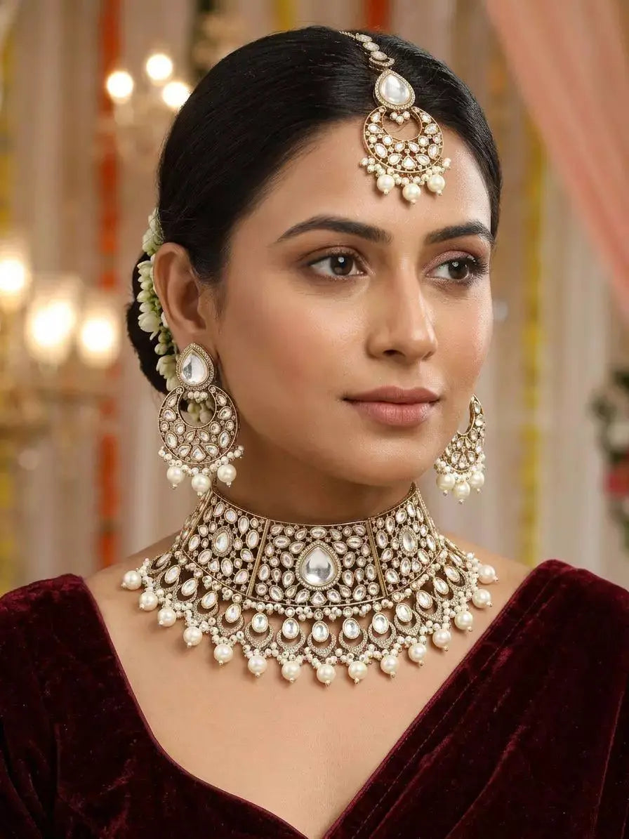 Teardrop Kundan Bridal Choker Set with Chaand Bali Earrings and Maang Tikka