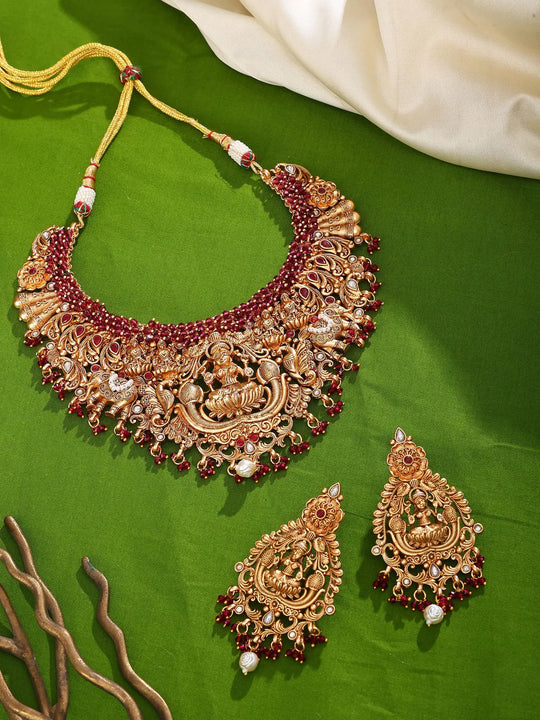 Goddess Lakshmi Temple Brass Necklace and Earrings Set