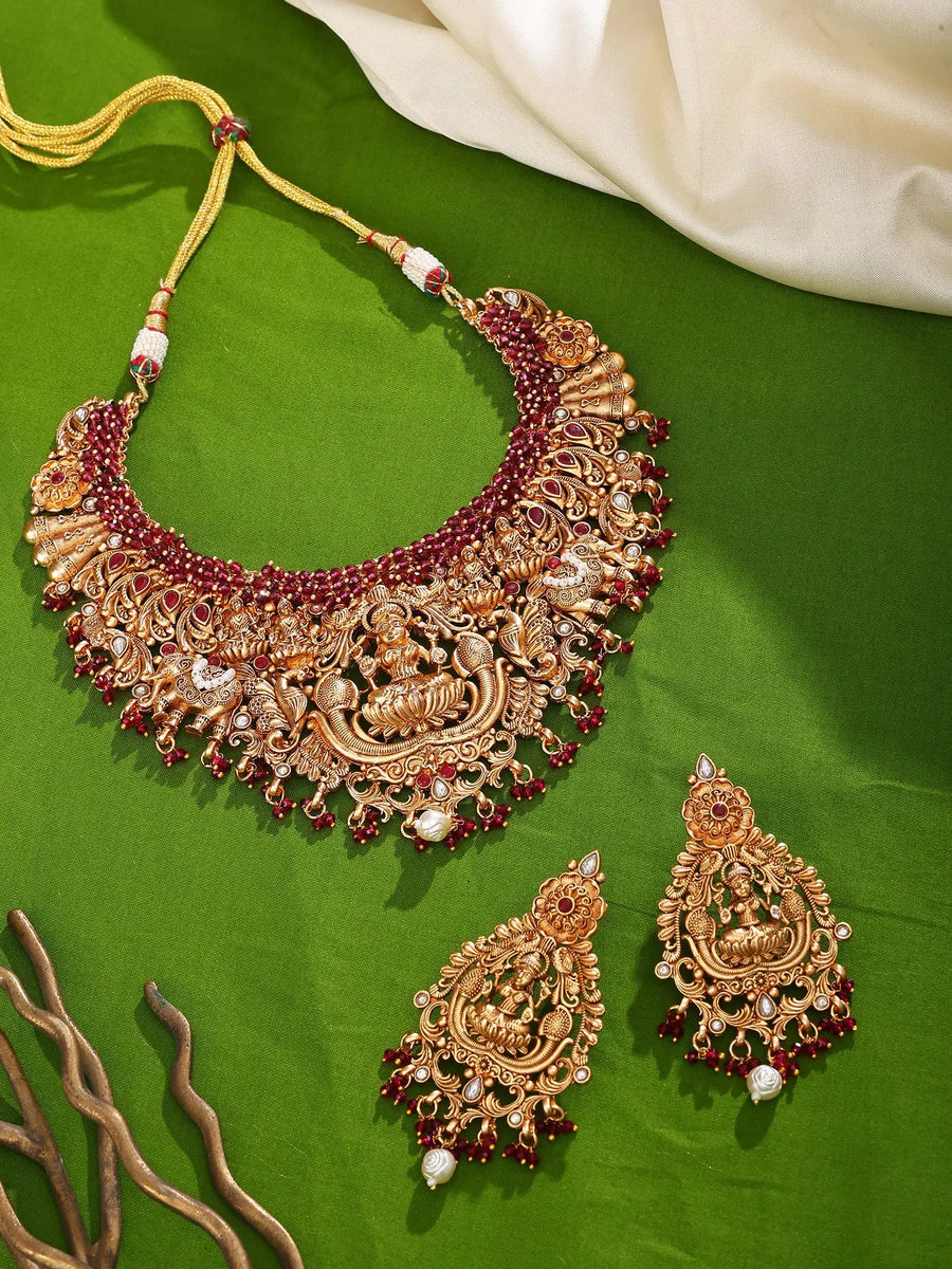 Goddess Lakshmi Temple Brass Necklace and Earrings Set