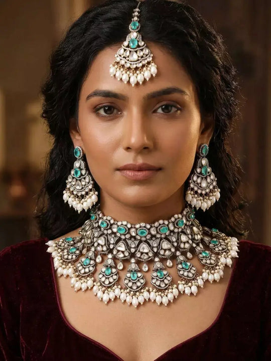 Kundan Bridal Choker Necklace Set with Maang Tikka and Pearl Drops