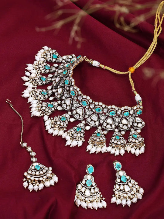 Kundan Bridal Choker Necklace Set with Maang Tikka and Pearl Drops