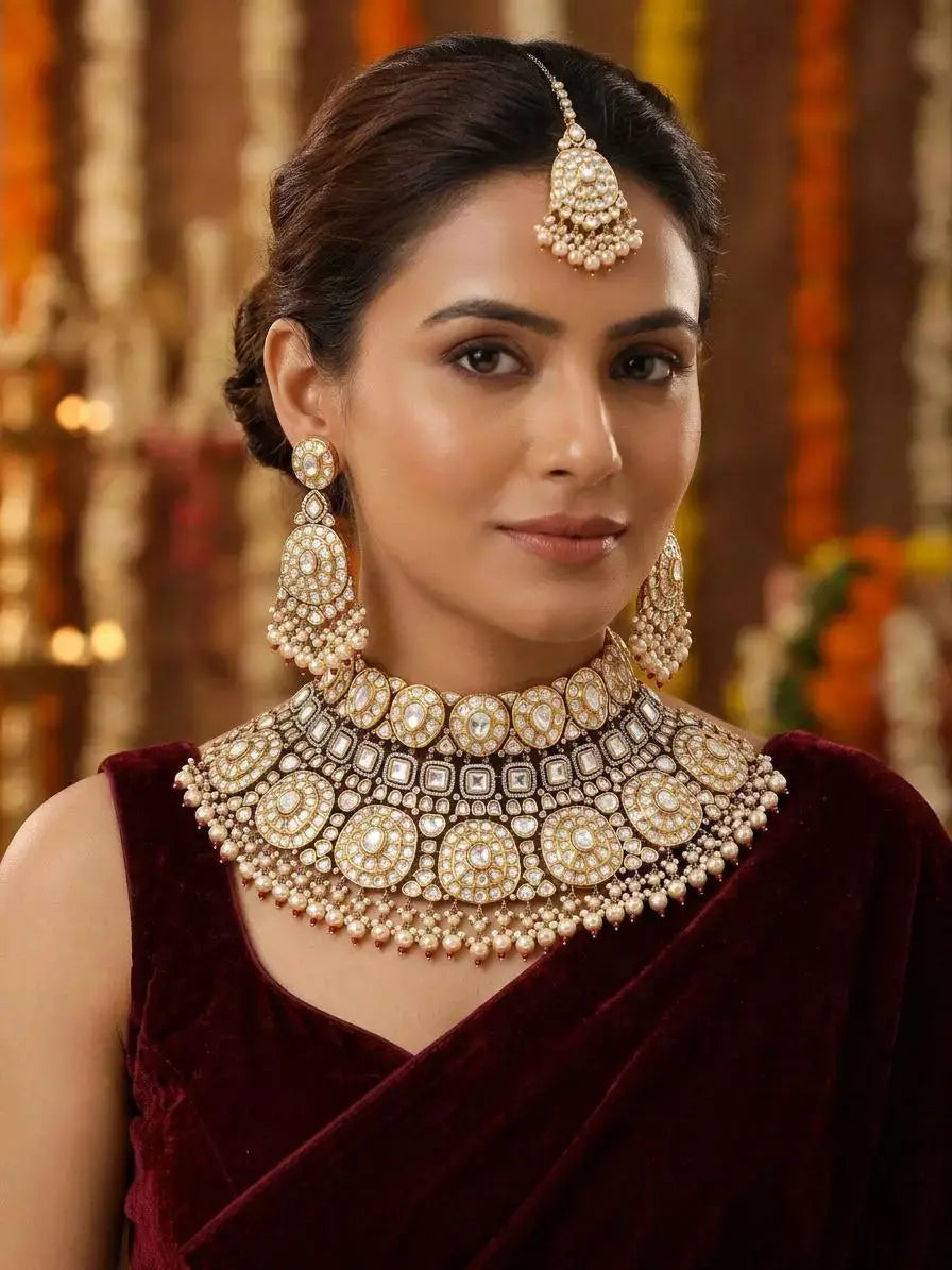 Kundan and Pearl Bridal Choker Necklace Set with Earrings and Maang Tikka