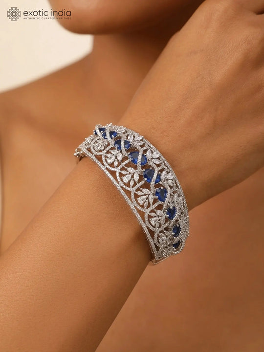 Leaf and Vine Blue Green American Diamond Cuff Bracelet