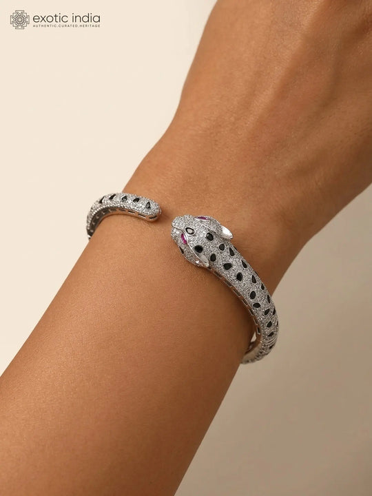 Black and White Stone Studded Leopard Openable Bangle