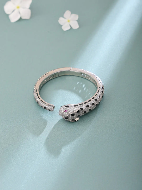Black and White Stone Studded Leopard Openable Bangle
