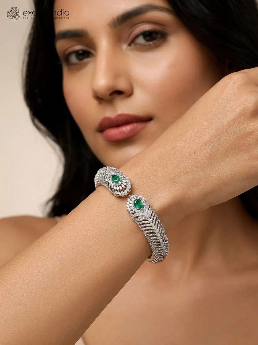 Peacock Feather Zircon Stone Brass Openable Kada Bracelet