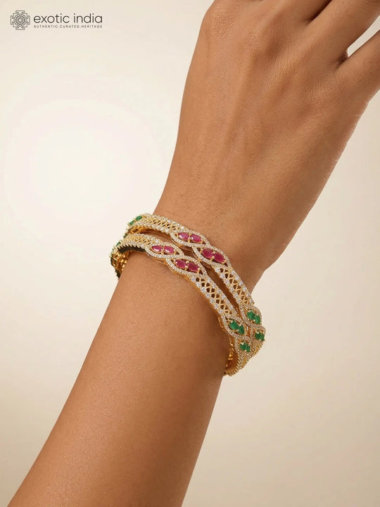 Cubic Zirconia Gold Tone Brass Bangles (Pair)