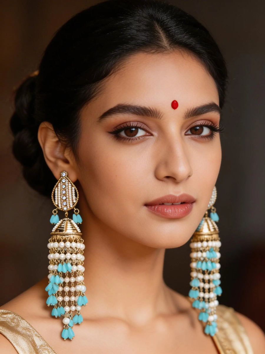 Pearl and Blue Bead Brass Jhumka Earrings with Drops
