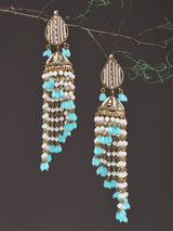 Pearl and Blue Bead Brass Jhumka Earrings with Drops