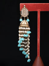 Pearl and Blue Bead Brass Jhumka Earrings with Drops