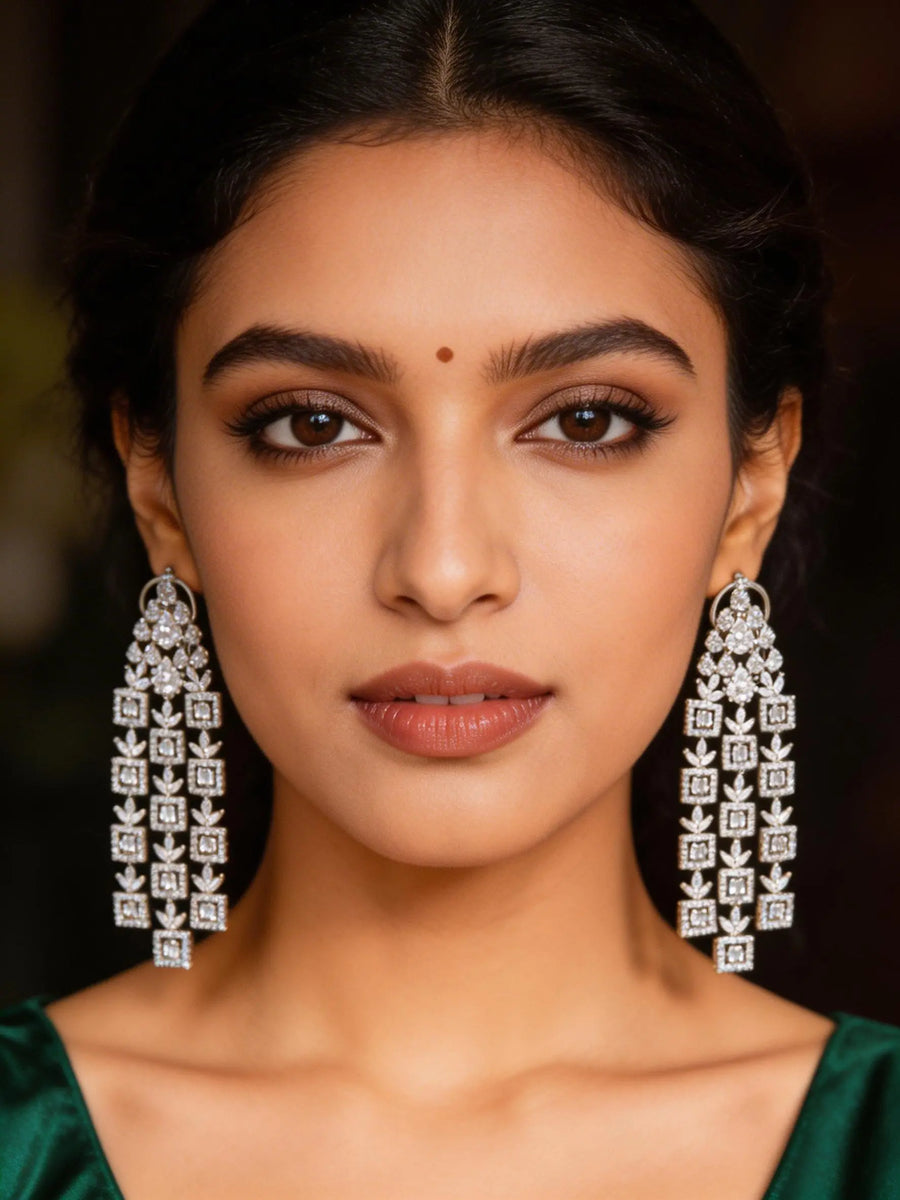 Floral Zircon Three Strand Brass Earrings