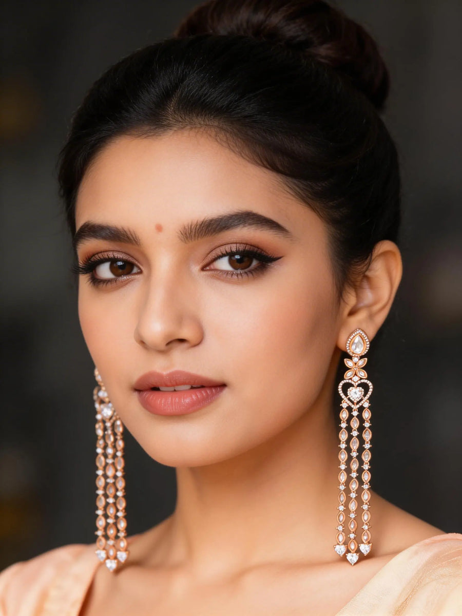 Heart-Cut Zircon Gold Toned Long Drop Earrings