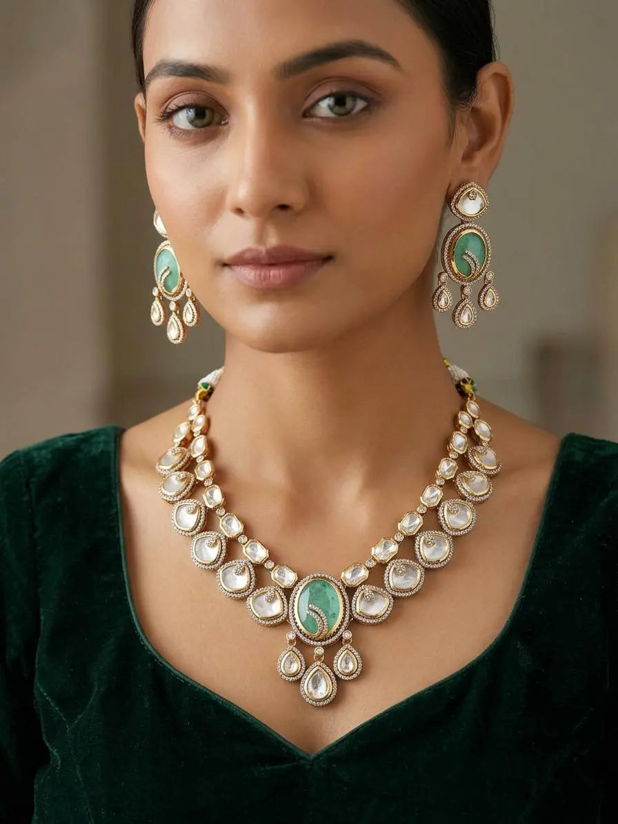 Emerald Green Kundan Bridal Necklace Set with Earrings