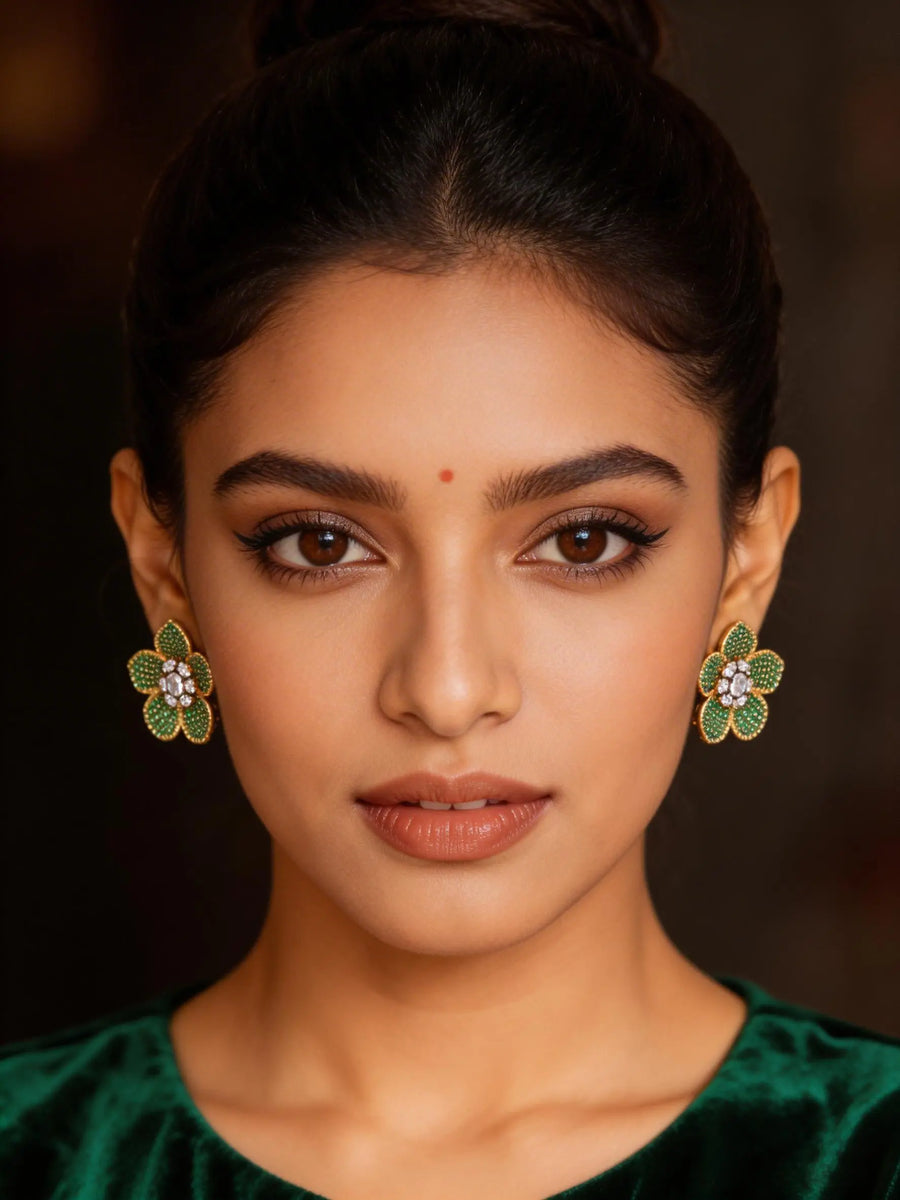 Floral Stone Studded Brass Stud Earrings