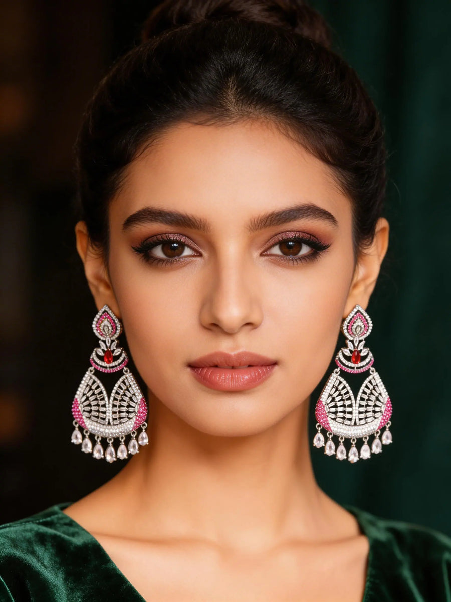 Pink and White Zircon Brass Chandelier Earrings
