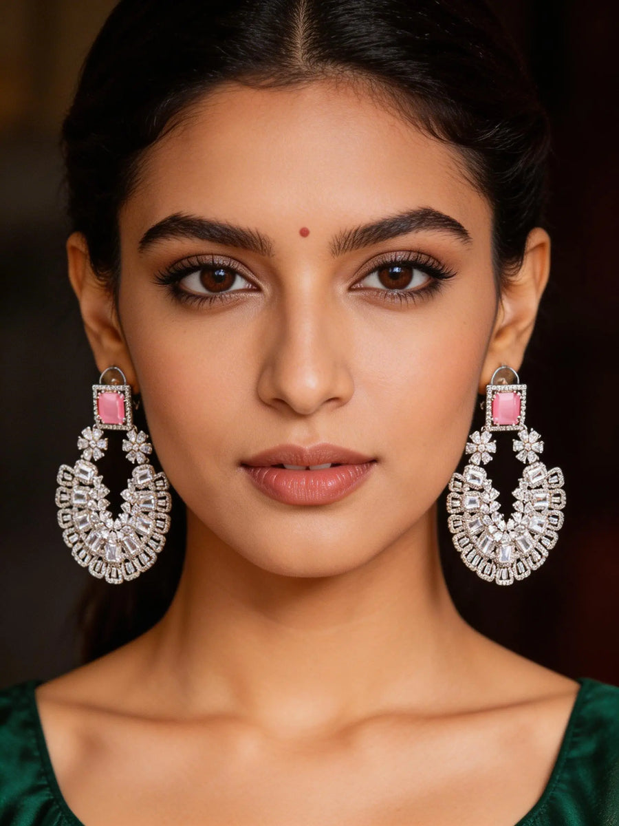 Floral Zircon Brass Chandelier Earrings