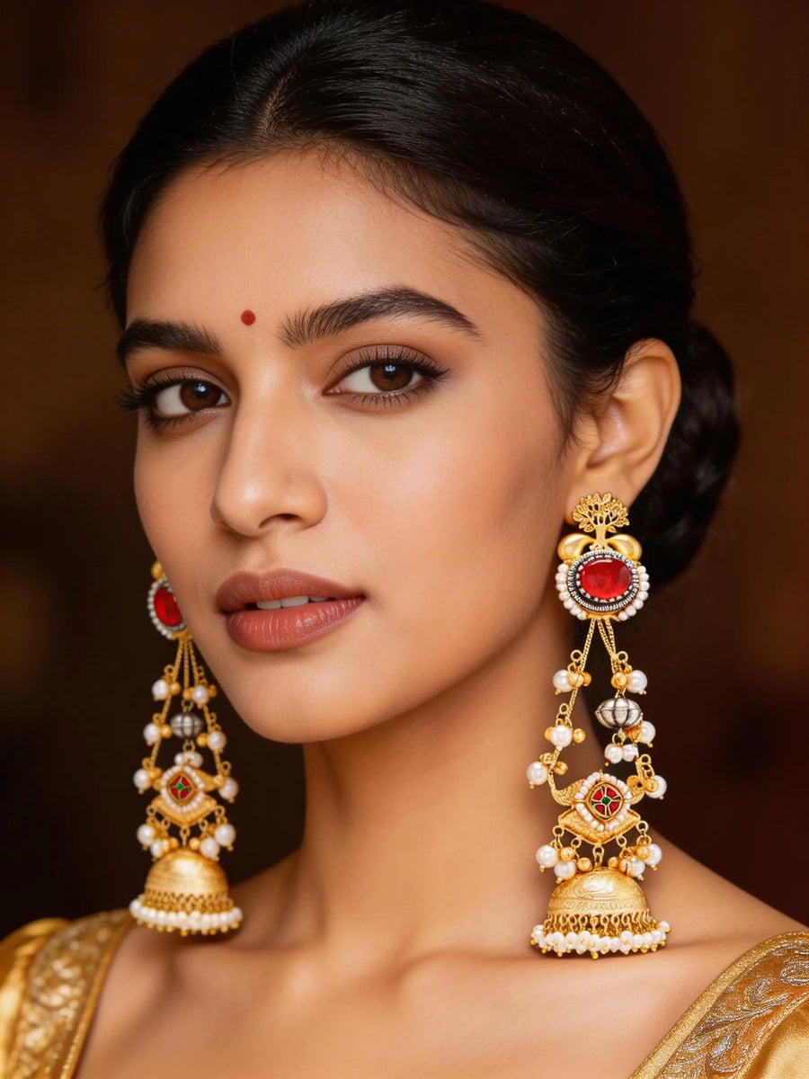 Red Kundan Jhumka Earrings with Pearl and Ghungroo Drops