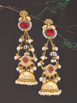 Red Kundan Jhumka Earrings with Pearl and Ghungroo Drops